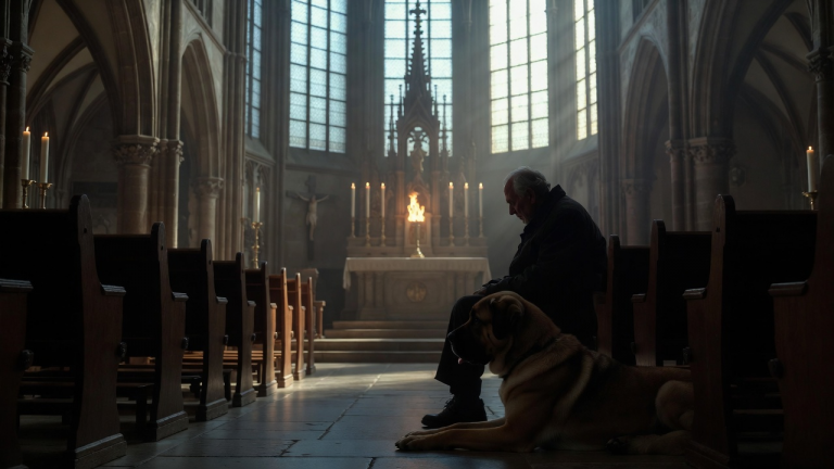 DIE DEUTSCHE DOGGE LEGTE SICH SCHÜTZEND VOR DEN ALTEN MANN IN DER KÖLNER KIRCHE … ALS DIE KERZE AUF DEM ALTAR PLÖTZLICH ERLOSCH.