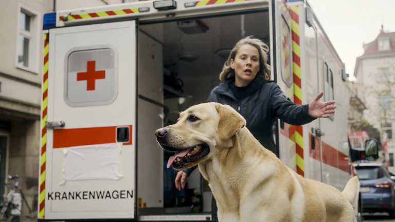 DER LABRADOR BLOCKIERTE DIE FRAU VOR DEM KRANKENWAGEN IN DRESDEN … DOCH DAS KRANKENHAUSLOGO AUF DEM WAGEN WAR SCHIEF ÜBERKLEBT.