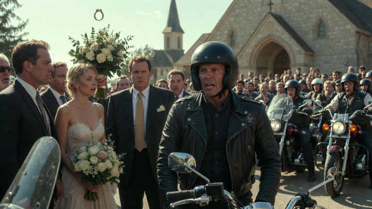 DER BRUDER DER BRAUT STIEẞ DEN BIKER AUS DER KIRCHE, DOCH DER RING IM BLUMENSTRAUSS LIEẞ DIE GANZE MOTORRADKOLONNE HERBEISTRÖMEN.