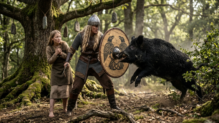 DER ARME JUNGE RANN IN DEN WALD, UM DAS KLEINE HOLZBOOT ZU SUCHEN, DAS DIE REICHEN KINDER WEGGEWORFEN HATTEN. ALS ER SICH BÜCKTE, UM ES AUFZUHEBEN, ERSCHIEN EIN GROSSER LUCHS AUF EINEM NIEDRIGEN AST. EIN VORBEIZIEHENDER VIKINGERKRIEGER ZOG IHN ZURÜCK UND SCHLUG MIT SEINER AXT KRÄFTIG GEGEN DEN BAUMSTAMM, UM DAS WILDE TIER ZU VERTREIBEN. DAS HOLZBOOT ZERBRACH UND GAB EIN RUNENSTÜCK FREI, DAS DER KRIEGER BEREITS EINMAL AUF DEM BOOT DES ALTEN JARLS GESEHEN HATTE.