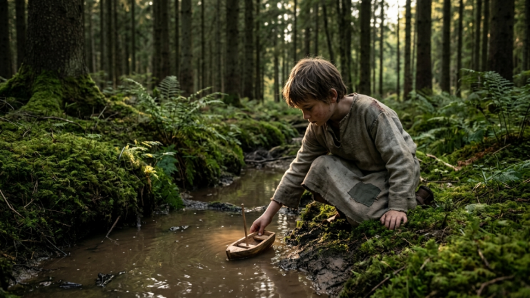 DER ARME JUNGE RANN IN DEN WALD, UM DAS KLEINE HOLZBOOT ZU SUCHEN, DAS DIE REICHEN KINDER WEGGEWORFEN HATTEN. ALS ER SICH BÜCKTE, UM ES AUFZUHEBEN, ERSCHIEN EIN GROSSER LUCHS AUF EINEM NIEDRIGEN AST. EIN VORBEIZIEHENDER VIKINGERKRIEGER ZOG IHN ZURÜCK UND SCHLUG MIT SEINER AXT KRÄFTIG GEGEN DEN BAUMSTAMM, UM DAS WILDE TIER ZU VERTREIBEN. DAS HOLZBOOT ZERBRACH UND GAB EIN RUNENSTÜCK FREI, DAS DER KRIEGER BEREITS EINMAL AUF DEM BOOT DES ALTEN JARLS GESEHEN HATTE.