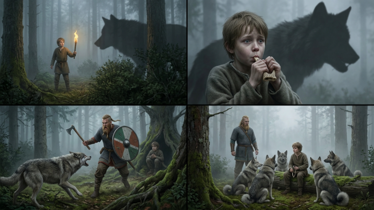 EIN JUNGER KÜCHENJUNGE WURDE IN DEN WALD GESCHICKT, UM DEN VERMISSTEN JAGDHUND DES JARLS ZU SUCHEN. ALS DER SCHATTEN EINES GROSSEN WOLFES HINTER DEM GEBÜSCH AUFTAUCHTE, BLIES ER IN DIE KNOCHENPFEIFE, DIE SEINE MUTTER IHM HINTERLASSEN HATTE. EIN VIKINGERSOLDAT HÖRTE DEN PFIFF, RANN RECHTZEITIG HERBEI UND VERTRIEB DEN WOLF. DOCH KURZ DARAUF KAMEN ALLE JAGDHUNDE DES JARLS GLEICHZEITIG HERBEIGELAUFEN UND KNieten SICH UM DEN JUNGEN NIEDER.
