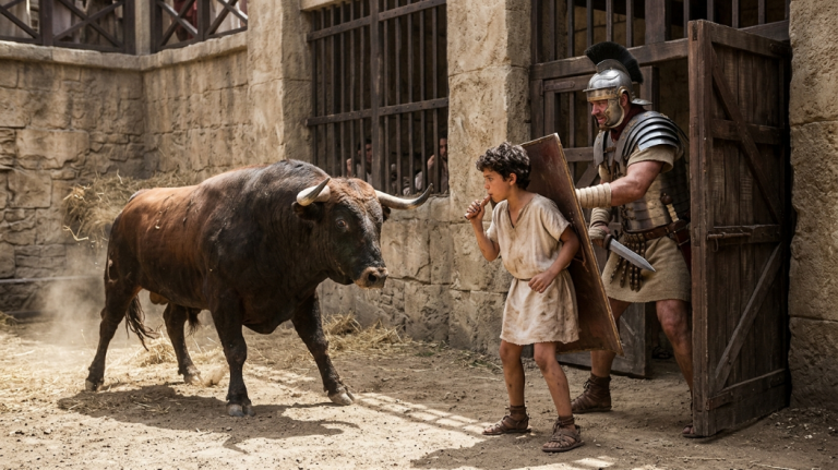 DER GLADIATOR STIESS DEN PFERDEHIRTENJUNGEN MIT DEM SCHILD IN DAS GEHEGE DER WILDEN TIERE. DER STIER STÜRMTE AUF IHN ZU, BLIEB DANN ABER BEIM PFIFF DES JUNGEN PLÖTZLICH STEHEN. ER WURDE BLASSGRÜN UND WAGTE KEINEN SCHRITT MEHR.