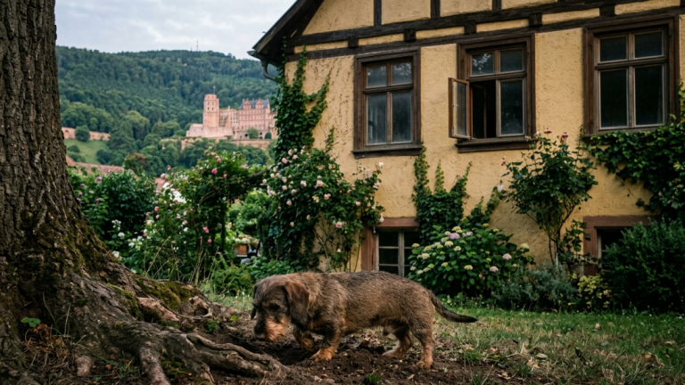 DER DACKEL GRUB UNTER DEM BAUM HINTER DEM HAUS IN HEIDELBERG … UND DAS FENSTER DES VERSCHLOSSENEN ZIMMERS ÖFFNETE SICH PLÖTZLICH EINEN SPALT.