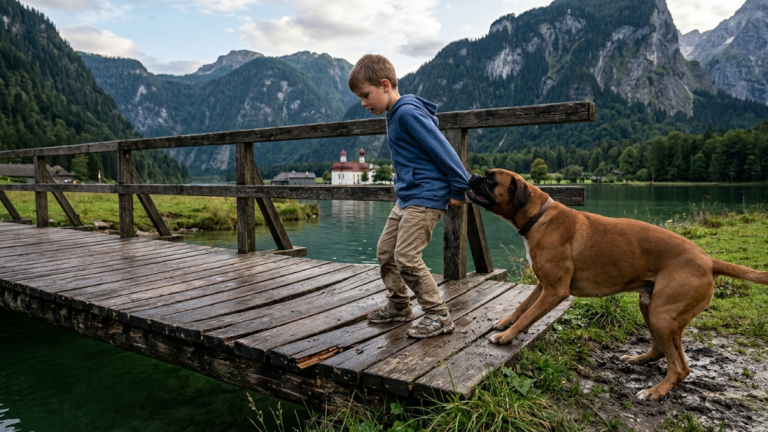 DER BOXERHUND ZOG DEN JUNGEN VON DER HOLZBRÜCKE AM KÖNIGSSEE WEG … DIE PLANKEN UNTER SEINEN FÜẞEN BEGANNEN SICH NACH UNTEN ZU BIEGEN.