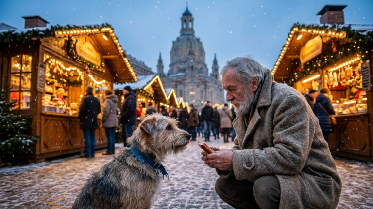 DER ALTE MANN NAHM DEN VERLAUFENEN HUND AUF DEM DRESDNER WEIHNACHTSMARKT BEI SICH AUF … UND IN DIESER NACHT FÜHRTE ER IHN ZU EINEM KOFFER, DER HINTER DEM HAUS VERGRABEN WAR.