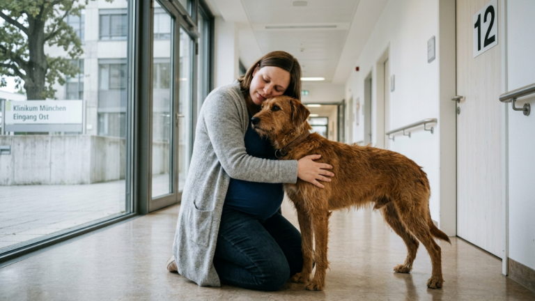 DIE SCHWANGERE MUTTER UMARMTE DEN AUSGESETZTEN HUND VOR DEM KRANKENHAUS IN MÜNCHEN … DOCH ER STARRTE UNABLÄSSIG AUF DIE TÜR VON ZIMMER NUMMER 12.
