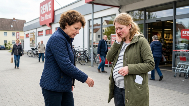 DIE SCHWIEGERMUTTER OHRFEIGTE DIE SCHWANGERE SCHWIEGERTOCHTER VOR EINEM REWE-SUPERMARKT, WEIL SIE KEIN TEURES GESCHENK FÜR DIE VERWANDTEN GEKAUFT HATTE, DOCH DIE MEDIKAMENTENQUITTUNG IN IHRER TASCHE LIESS SIE DEN BLICK SENKEN.