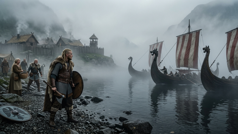 DER JARL LIESS DEN JUNGEN VIKINGERKRIEGER IM SCHNEESTURM ZURÜCK … DOCH DREI VERMISSTE LANGSCHIFFE TAUCHTEN PLÖTZLICH IM NEBEL AUF.