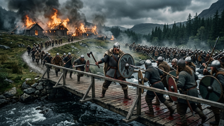 DER JARL BEFAHL DEN RÜCKZUG UND LIESS DAS DORF ZURÜCK … DOCH EIN EINZIGER VIKINGERKRIEGER HIELT DIE HOLZBRÜCKE.