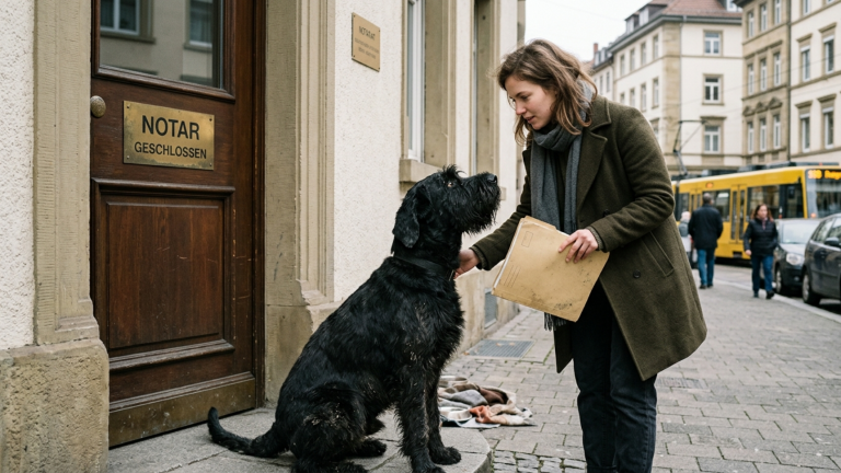 KAPITEL 2 – EIN VERLASSENER RIESENSCHNAUZER SAẞ TAGELANG VOR DEM GESCHLOSSENEN NOTARIAT IN STUTTGART — EINE JUNGE WITWE NAHM IHN MIT, BIS ER IHR DIE MAPPE AUS DEM KELLER BRACHTE.
