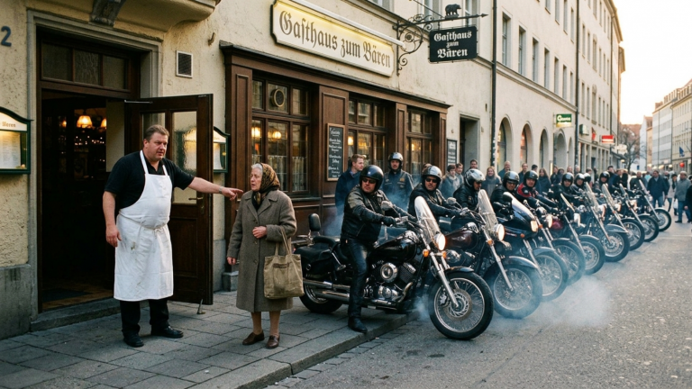 KAPITEL 2 – DER RESTAURANTBESITZER ZERRTE EINE ALTE FRAU AUS DEM MÜNCHNER LOKAL, WEIL SIE NUR WASSER BESTELLTE — BIS DRAUẞEN ZWÖLF MOTORRÄDER GLEICHZEITIG STARTETEN.