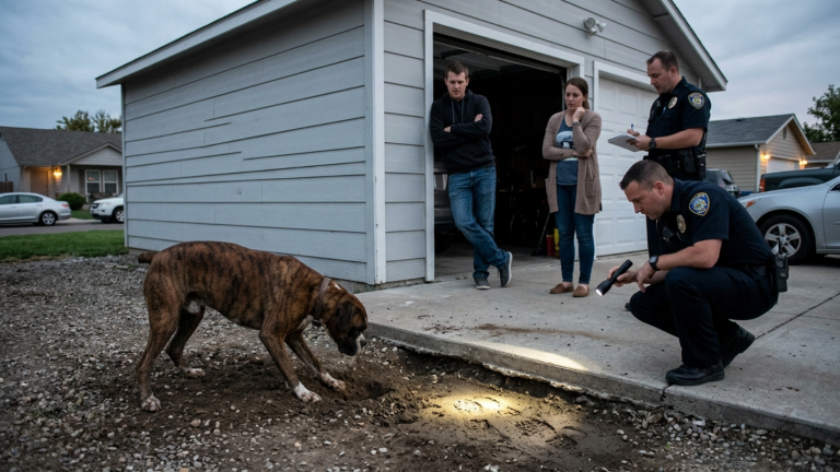 DER BOXER DER NACHBARIN GRUB JEDEN ABEND VOR DER GARAGE DES JUNGEN PAARES BIS SEINE PFOTEN WUND WAREN — DANN FAND DIE POLIZEI FRISCHE SPUREN UNTER DEM BETON.