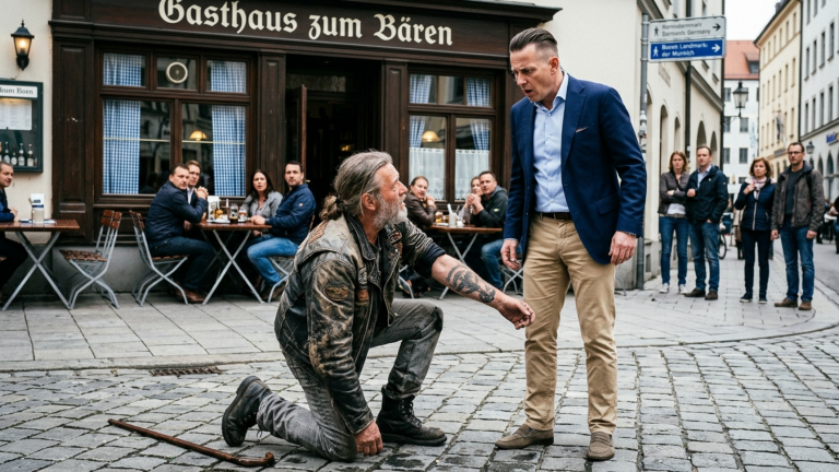 DER REICHE GAST TRAT DEM ALTEN BIKER VOR DEM MÜNCHNER RESTAURANT DEN GEHSTOCK WEG UND LIEẞ IHN AUF DIE KNIE FALLEN — DOCH UNTER DEM HOCHGERUTSCHTEN ÄRMEL ERSCHIEN EIN TATTOO DAS DEN BESITZER BLEICH MACHTE.