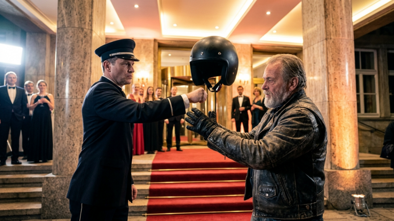 DER TÜRSTEHER SCHLUG DEM ALTEN BIKER VOR DER DÜSSELDORFER GALA DEN HELM AUS DER HAND UND TRAT IHN ÜBER DEN MARMORBODEN — DOCH IM INNEREN DES HELMS GLÄNZTE EINE EINGRAVIERTE WOLFSMARKE.