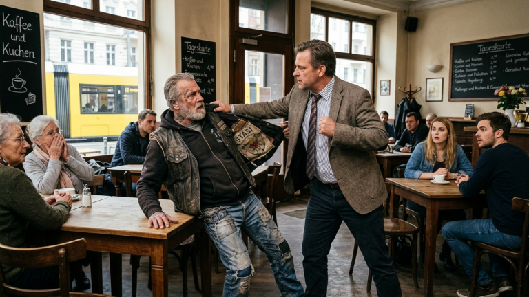 DER FILIALLEITER WARF DEN ALTEN BIKER IM BERLINER CAFÉ GEGEN EINEN TISCH WEIL SEINE LEDERWESTE DIE GÄSTE STÖRE — DOCH ALS DER STOFF RISS ERSCHIEN EIN NAME DEN NIEMAND LAUT AUSSPRECHEN WOLLTE.