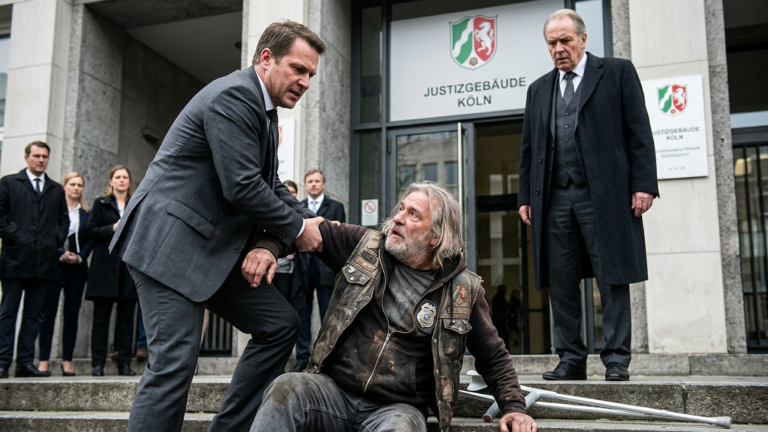 DER ANWALT ZERRTE DEN ALTEN BIKER MIT KRÜCKEN VOR DEM KÖLNER GERICHT VON DEN STUFEN HERUNTER — DOCH ALS DER MANN STÜRZTE SAH DER RICHTER DAS VERBLASSTE ABZEICHEN UNTER SEINER LEDERWESTE.