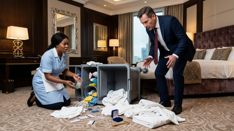 Der Hotelmanager stieß absichtlich den Reinigungswagen einer schwarzen Frau um, die mitten in einer luxuriösen Suite ein Zimmer reinigte, sodass Handtücher und Schlüsselkarten über den ganzen Boden flogen – doch nur drei Sekunden später sah der Chef etwas in dem Haufen heruntergefallener Handtücher und hörte sofort auf zu lachen.