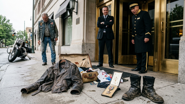 Der Hotelmanager warf die abgewetzte Lederjacke und die schlammigen Stiefel des alten Bikers aus der Lobby, bis sie aufprallte und ihr Inhalt sich verstreute – doch drei Sekunden später hörte der Portier auf zu lachen, als er sah, wie etwas aus dem Koffer fiel.