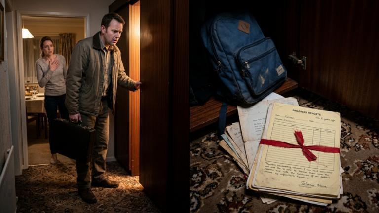 Die Stiefmutter stopfte den Schulranzen des Jungen in einen dunklen Kleiderschrank, um die Spuren vor dem Familienessen zu verstecken — doch sein Vater kam unerwartet früher nach Hause, und als die Schranktür einen Spalt aufging, ließ das, was auf den Boden fiel, ein Geheimnis auffliegen, das sie zwei Jahre lang verborgen hatte.