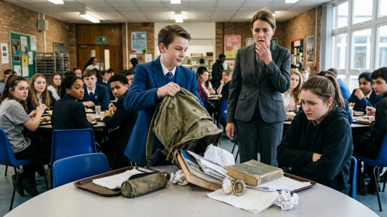 Der reiche Klassensprecher kippte den alten Rucksack des armen Schülers mitten in der Cafeteria aus – doch drei Sekunden später sah die Direktorin etwas zwischen den Büchern und wurde still.