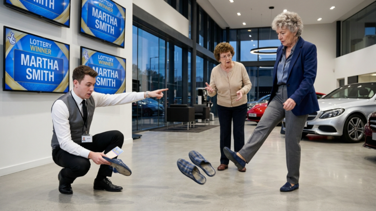 Meine zukünftige Schwiegermutter trat die alten Hausschuhe meiner Mutter quer über den Boden des Luxusauto-Showrooms, weil sie sie vor der Verlobung für eine Lotterieverkäuferin hielt, die um Geld bettelte — doch als ein Mitarbeiter die Karte aus der Schuhsohle hob, erschien auf allen Bildschirmen im Showroom gleichzeitig der Name meiner Mutter.