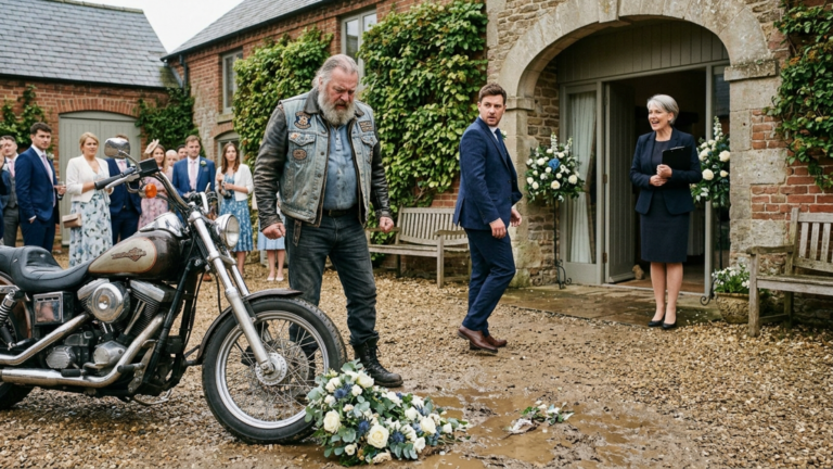 Der Bruder des Bräutigams riss den Blumenkranz vom Motorrad des alten Bikers und warf ihn in den Schlamm – doch drei Sekunden später kam der Standesbeamte heraus und nannte den Biker mit vollem Namen.