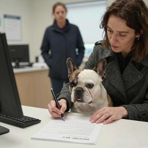 The Little French Bulldog Was Licking His Owner’s Hand While She Signed The Euthanasia Papers… But When I Looked Into His Eyes, I Discovered The Reason Was A Lie.

I’ve been a veterinary technician at the Pine Ridge Animal Hospital for over twelve years, and I thought I’d seen every kind of heartbreak there is. I’ve held the hands of grieving children as they said goodbye to their first pets, and I’ve sat in the silence of empty exam rooms with elderly men who had just lost their only companion in the world. I thought my heart had grown a layer of thick, protective callus. I thought I was prepared for anything that walked through those double glass doors.

But I wasn’t prepared for Buster. And I certainly wasn’t prepared for the woman holding his leash.

It was a Tuesday morning, the kind of gray, drizzly Ohio morning that makes the coffee taste like battery acid and the fluorescent lights in the clinic feel a little too bright. I was finishing up the charts from a routine dental cleaning when the bell above the door chimed.

In walked a woman who looked like she belonged on a different planet, or at least in a much more expensive zip code. She was wearing a tailored wool coat that probably cost more than my car, and her hair was pulled back into a bun so tight it looked painful. But it wasn’t her that caught my eye. It was the creature at the end of her designer leather leash.

He was a cream-colored French Bulldog, a little “potato” of a dog with ears that were slightly too big for his head and a face that looked like it had been pressed against a window. He was beautiful. More than that, he was vibrating with pure, unadulterated joy. Every time his paws hit the linoleum, his little tail—or what passed for a tail on a Frenchie—would wag so hard his entire back end would shimmy.

“Can I help you?” I asked, putting on my best professional “I’ve only had three hours of sleep” smile.

The woman didn’t smile back. She didn’t even look at me. She just stared at the wall behind my head. “I have an appointment. For… the procedure.”

My heart did a strange little stutter-step. “The procedure?” I glanced down at Buster. He had sat down on his haunches and was currently trying to lick the salt off the woman’s expensive leather boots. He looked healthy. His coat was shiny, his eyes were clear, and his energy was through the roof.

“I’m sorry, let me check the schedule,” I said, my fingers trembling slightly as I pulled up the daily log. There it was. 10:15 AM. Mrs. Gable. Euthanasia.

I looked at the dog, then back at the woman. “Mrs. Gable? I see the appointment here. Is… is Buster ill? Has there been a sudden decline?”

“He’s broken,” she said. Her voice was flat, like she was talking about a toaster that wouldn’t stay down. “He’s just broken, and I can’t have him in the house anymore. I want it done quickly. I have a luncheon at noon.”

I felt a cold chill wash over me. In this profession, you learn to spot the difference between someone who is hurting and someone who is just done. Mrs. Gable wasn’t hurting. She was inconvenienced.

I slid the clipboard across the counter. It was the standard paperwork—the legal document that gives us permission to end a life. I watched her hand as she took the pen. She didn’t hesitate. She didn’t pause to look down at the little soul who was currently leaning his entire weight against her leg, looking up at her as if she were the center of the universe.

As she began to fill out the form, Buster did something that I will never forget. He stood up on his hind legs, paws resting on her knee, and gently licked her hand—the very hand that was signing his death warrant. He wagged his tail, a rhythmic thump-thump-thump against the side of the cabinet, as if to say, “Don’t worry, Mom. Whatever we’re doing, I’m glad I’m here with you.”

My stomach turned. I looked down at the “Reason for Euthanasia” box. Usually, people write “Old age,” “Cancer,” or “Heart failure.”

Mrs. Gable wrote: “Aggressive behavior. Unfit for home environment.”

I looked at Buster, who was now trying to invite me into a game of play-bow by dipping his front end down and let out a tiny, muffled “woof.” There wasn’t an aggressive bone in his tiny, compact body. He was a puddle of love.

“Mrs. Gable,” I said, my voice dropping an octave. “I need to take Buster back to the prep room to get his weight and vitals. You can wait here, or you can go into Exam Room 3.”

“I’ll just wait here,” she said, checking her watch. “Just get it over with. I told you, I’m on a schedule.”

I reached over the counter and took the leash. Buster didn’t even hesitate. He trotted right along beside me, his little nails clicking happily on the floor. He thought we were going on an adventure. He thought I was a new friend. He had no idea that in his owner’s mind, he was already a ghost.

But as I walked him through the swinging doors into the back of the clinic, I looked into those big, brown, buggy eyes. I saw the trust. I saw the innocence. And I knew right then and there that I wasn’t going to let that needle get anywhere near him.

I was going to risk my job. I was going to risk a lawsuit. But I was not going to let Buster die for the crime of being owned by a monster.

Read the full story in the comments.
If you don’t see the new chapter, tap ‘All comments’.