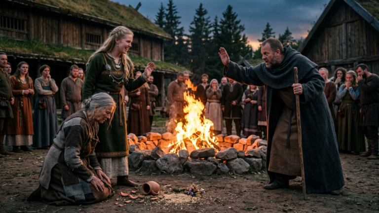 Die stolze Schwiegertochter des Jarls zerschlug den kleinen Opferkrug der alten Mutter vor dem Feuerkreis und lachte über ihre Armut – doch drei Sekunden später beugte sich der Priester hinunter und stoppte das Ritual.