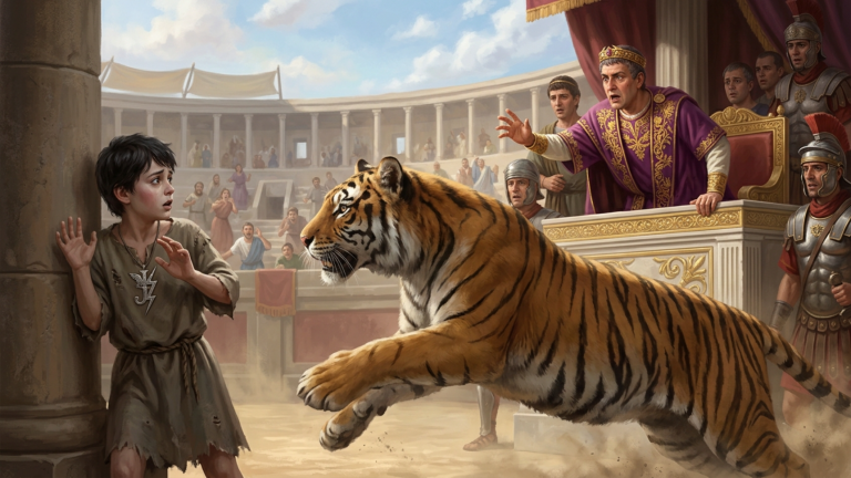 DER HIRKANISCHE TIGER WAR SCHON BIS AUF WENIGE SCHRITTE AN DEN WAISENJUNGEN HERAN — DOCH IM LETZTEN AUGENBLICK SAH DER IMPERATOR DAS JUPITER-ZEICHEN AUF SEINER BRUST…