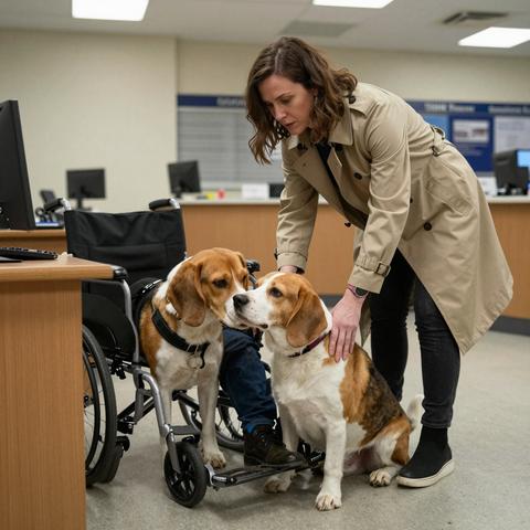 I Was About To Hand The Beagle Back To The Woman Who Claimed Him… Until He Crawled Under My Chair And Pressed His Face Against My Shoe

I’ve worked at the Blue Ridge Animal Shelter for twelve years, and in this job, you learn to trust your gut more than you trust the paperwork. People think working in a shelter is all about wagging tails and happy endings, but mostly, it’s about reading the things that aren’t being said. It’s about the way a dog’s ears flatten when a specific voice enters the room, or the way a cat stops breathing when a certain hand reaches for the cage.

It was a Tuesday, the kind of gray, drizzly morning in Pennsylvania where the mist hangs so low you can’t see the tree line. I was finishing my second cup of lukewarm coffee when the bell above the heavy steel door chimed. I didn’t even look up at first. I was busy logging a litter of kittens we’d found in a dumpster behind the Piggly Wiggly.

“I’m here for my dog,” a voice said. It was sharp—not loud, but brittle, like thin ice cracking under a boot.

I looked up and saw a woman who looked like she belonged in a different zip code. She was wearing a beige trench coat that probably cost more than my truck, and her hair was pulled back into a bun so tight it looked painful. She wasn’t crying. She wasn’t frantic. She just looked… inconvenienced.

“Which dog would that be, ma’am?” I asked, setting my coffee aside.

“The Beagle,” she said, tapping a manicured nail on the laminate counter. “He got out two nights ago. His name is Barnaby.”

I knew exactly which dog she was talking about. We’d picked him up near the old interstate bypass on Sunday night. He’d been emaciated, his ribs sticking out like a xylophone, and he was covered in burrs. But the strangest thing about him wasn’t his condition; it was his silence. Beagles are loud. They bay, they howl, they let the whole world know they’re there. But this one? He hadn’t made a sound since he arrived. He just sat in the back of his kennel, staring at the wall with eyes that looked like they’d seen the end of the world.

“We do have a Beagle,” I said slowly, standing up. “He didn’t have a collar or a chip when he came in. Do you have any proof of ownership? Photos, vet records?”

She didn’t hesitate. She reached into her designer handbag and pulled out a folder. She slid it across the counter with a practiced grace. Inside were printed photos—the Beagle sitting on a pristine white sofa, the Beagle wearing a little blue bandana, a set of vaccination records from a high-end vet clinic in the city. Everything was perfect. Too perfect.

“His name is Barnaby,” she repeated. “He’s a very nervous dog. He probably won’t react well to being here. It’s such a… loud environment.”

I looked at the photos again. The dog in the pictures was definitely the dog in Kennel 4. The markings were identical—the white blaze on his chest, the black saddle across his back. But something felt off. In the photos, the dog looked stiff. Not happy. Not playful. Just… there.

“Alright,” I sighed, grabbing my keys. “Let me go get him. If the paperwork checks out, we’ll get the release forms signed.”

I walked back to the kennels. The smell of bleach and wet fur always hits you harder when it’s raining. I stopped in front of Kennel 4. The Beagle was sitting exactly where I’d left him, his nose pressed into the corner.

“Hey, buddy,” I whispered, rattling the cage door gently. “Someone’s here for you. Is it your lucky day?”

The moment I opened the door, the dog didn’t rush out. He didn’t wag his tail. He stayed frozen. I had to reach in and gently clip the leash to his collar. He followed me, but his head was low, his tail tucked so far between his legs it was touching his stomach. He wasn’t walking; he was slinking, like he was trying to become invisible.

As we rounded the corner into the lobby, I saw the woman stand up.

“There he is!” she said, her voice rising in a way that felt like a performance. “Oh, Barnaby, you naughty boy! Look at the mess you’ve made.”

The reaction from the dog was instantaneous. He didn’t bark. He didn’t whine. He let out a sharp, jagged gasp—a sound of pure, unadulterated terror. He didn’t run toward her. Instead, he lunged in the opposite direction, nearly pulling the leash out of my hand.

“He’s just overwhelmed,” the woman said quickly, stepping forward. “He’s always been high-strung. Give him to me.”

She reached out, her hand curving like a claw. The Beagle scrambled, his paws sliding on the floor. And then, he did something I’ve never seen a dog do in ten years of rescue work.

He didn’t try to run out the door. He didn’t try to hide behind the counter. He dived directly under my heavy wooden office chair. He squeezed his body into the tiny space between the wheels, and then he did it. He pressed his entire face—his wet nose, his trembling muzzle—firmly against the side of my muddy work boot.

He wasn’t just hiding. He was pleading.

I looked down at him. I could feel the vibrations of his shivering through the leather of my boot. He was pressing so hard it felt like he was trying to merge with me, trying to find a way inside my skin to escape the woman standing three feet away.

“I think there’s a problem,” I said, my voice dropping an octave.

“There’s no problem,” she snapped, her mask of politeness finally beginning to slip. “That’s my dog. I have the papers. Now, hand me the leash.”

I looked at the paperwork on the desk. Then I looked at the dog under my chair, who was now letting out a low, mournful whistle of a breath, his eyes rolled back so far I could see the whites.

My gut wasn’t just whispering anymore. It was screaming.

“I can’t do that just yet,” I said, leaning back and resting my hand on the Beagle’s shivering back. “I need to double-check the local sheriff’s database for any missing dog reports that might conflict with yours. It’s standard procedure for Beagles in this county.”

That was a lie. There was no such procedure.

The woman’s face turned a pale, sickly shade of grey. Her eyes darted toward the door, then back to me. “That’s ridiculous. I’ve shown you everything you need. You’re stealing my property.”

“I’m ensuring the safety of an animal,” I countered. “Why don’t you take a seat? This might take a while.”

But she didn’t sit. She grabbed her handbag, her knuckles white. “I’ll be back with my lawyer. You have no right.”

She turned and bolted out the door, the bell clattering violently against the frame. She didn’t even look back at the dog she claimed to love.

I sat there in the silence, the rain drumming against the roof, with the Beagle still pressed against my shoe. I reached down and gently petted his velvet ears.

“Who are you, little guy?” I whispered. “And what was she so afraid you’d tell me?”

I didn’t know it then, but the terror in that dog’s eyes was only the beginning. The woman wasn’t worried about the dog. She was worried about what the dog had been guarding when he was “lost.”

And as I looked closer at the photos she’d left behind on my desk, I noticed something I’d missed before. In the background of the photo of the dog on the white sofa, there was a reflection in a hallway mirror. A small, blurry reflection of a child’s bedroom door.

A door that had a heavy metal deadbolt installed on the outside.

Read the full story in the comments.
If you don’t see the new chapter, tap ‘All comments’.