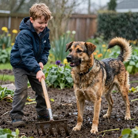I Gripped The Rake To Strike The Vicious Stray Dog Standing Over My Grandson In The Garden Mud, But The Sudden Downpour Exposed The Terrifying Reason The Animal Absolutely Refused To Retreat.