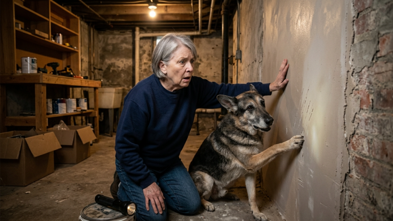 DER ALTE SCHÄFERHUND KRATZTE JEDE NACHT AN DERSELBEN FRISCH VERPUTZTEN KELLERWAND — BIS DIE FRAU DAHINTER PLÖTZLICH EIN HANDY KLINGELN HÖRTE.