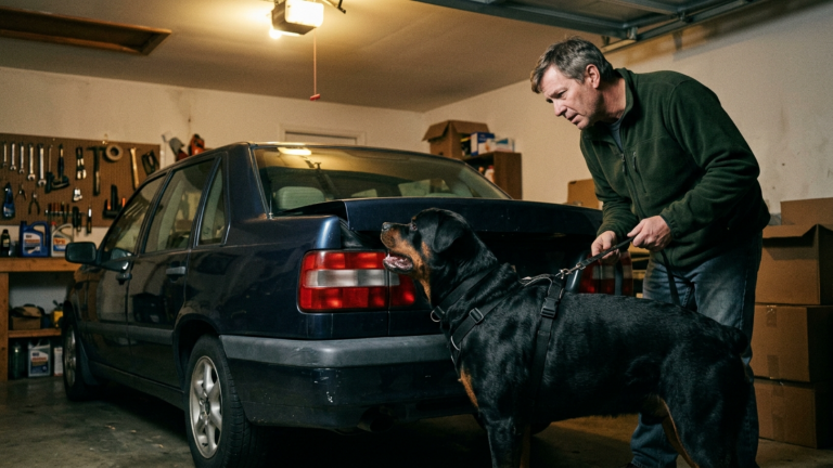 DER ROTTWEILER ZOG SEINE BESITZERIN JEDEN ABEND ZUR GARAGE UND KNURRTE DEN KOFFERRAUM DES WAGENS AN — BIS SICH DER DECKEL VON INNEN GANZ LEISE BEWEGTE.