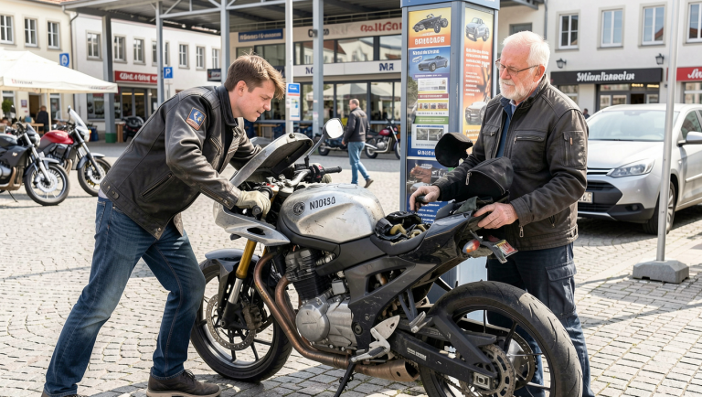 DER JUNGE AUTOHÄNDLER RAMMTE DEN ALTEN BIKER AUF DEM MÜNCHNER MOTORRADPLATZ MIT DER SCHULTER GEGEN EINEN VERKAUFSSTÄNDER UND NANNTE SEINE MASCHINE SCHROTT — DOCH ALS DER TANKDECKEL AUFSPRANG SAH DER MECHANIKER DIE EINGRAVIERTE NUMMER.