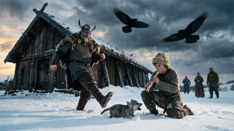 DER JARL SCHLUG DAS WINZIGE WOLFSJUNGE VOR DEM LANGHAUS IN DEN SCHNEE — DOCH DER WAISENJUNGE RISS ES AN SICH, BLIES IN DIE KNOCHENFLÖTE, UND ZWEI RABEN VERDUNKELTEN DEN HIMMEL…