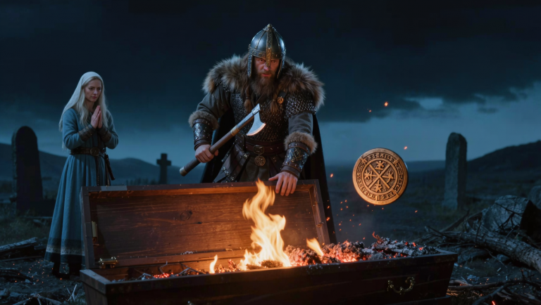 DER VIKING-JARL LIESS DEN SARG SEINES BRUDERS VERBRENNEN, BEVOR DIE WITWE ABSCHIED NEHMEN KONNTE — DOCH AUS DER ASCHE FIEL EIN SIEGEL, DAS NUR DER MÖRDER KENNEN DURFTE