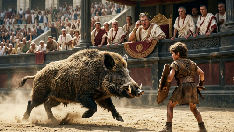 DER RIESIGE WILDE EBER AUS GALLIEN STÜRMTE WIE EIN RAMMBOCK DURCH DIE ARENA AUF DEN JUNGEN MIT DEM ALTEN LEDERGÜRTEL ZU — DOCH ALS DER IMPERATOR DEN NAMEN SEINES EIGENEN HAUSES DARAUF LAS, ERSTARRTE DER SENAT…