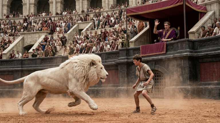 DER GIGANTISCHE WEISSE LÖWE RASTE DURCH DEN STAUB DES AMPHITHEATRUM FLAVIUM AUF DEN 17-JÄHRIGEN JUNGEN ZU — DOCH ALS DER IMPERATOR DAS MUTTERMAL HINTER SEINEM OHR SAH, HOB ER ZITTERND DIE HAND…