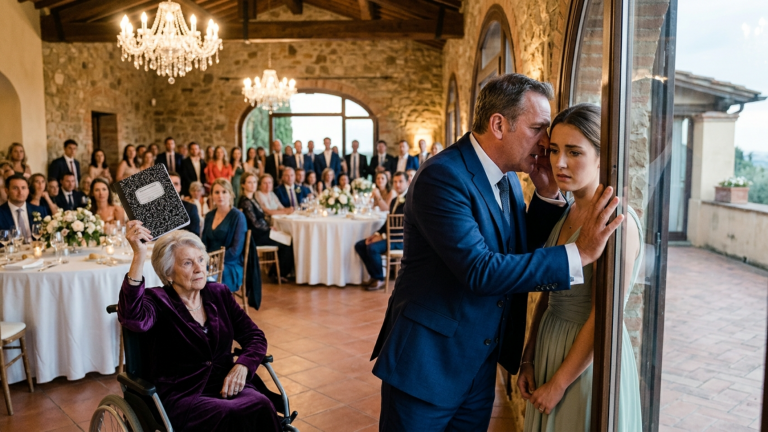 58 GÄSTE IN DER HOCHZEITSVILLA SAHEN STUMM ZU, WIE MEIN ONKEL MICH GEGEN DIE GLASTÜR STIEẞ UND MIR ZUFLÜSTERTE, ICH SEI KEIN TEIL DIESER FAMILIE — DENN ER VERWALTETE ALLE FIRMENANTEILE … BIS MEINE GROẞMUTTER IM ROLLSTUHL EIN SCHWARZES NOTIZBUCH HOCHHOB.