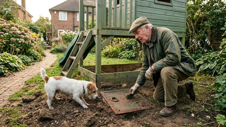 DER KLEINE TERRIER GRUB JEDE NACHT UNTER DEM KINDERSPIELHAUS IM GARTEN — BIS DER GROẞVATER DORT EINE METALLTÜR UNTER DER ERDE FAND.