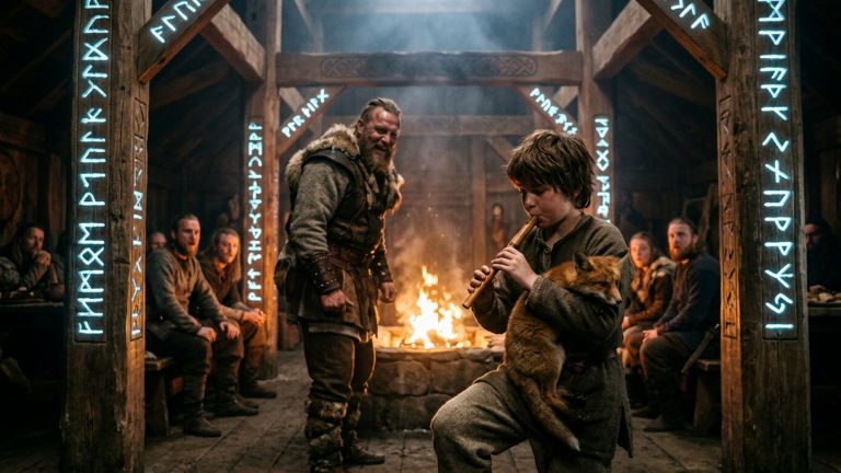 DER JARL STIESS DAS KLEINE FUCHSBABY INS FEUER UND LACHTE — DOCH DER JUNGE ZOG ES HERAUS, BLIES IN SEINE FLÖTE, UND DIE RUNEN AM LANGHAUS BEGANNEN ZU GLÜHEN…
