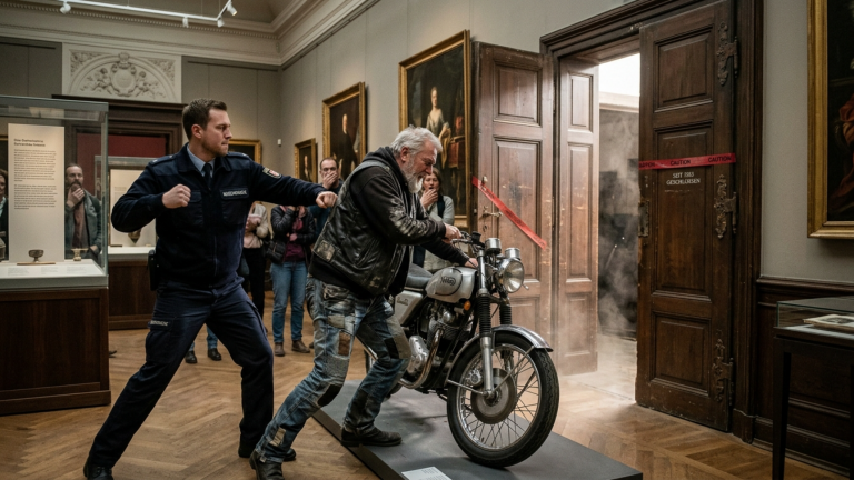 DER MUSEUMSWÄCHTER SCHLUG DEM ALTEN BIKER IN DER DRESDNER AUSSTELLUNG IN DEN RÜCKEN — DOCH ALS DER BIKER SICH AM MOTORRAD FESTHIELT ÖFFNETE SICH EIN FACH DAS SEIT VIERZIG JAHREN VERSIEGELT WAR.