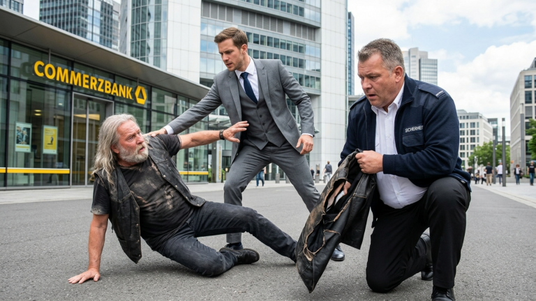 DER JUNGE BANKDIREKTOR STIEẞ DEN ALTEN BIKER VOR DER FRANKFURTER FILIALE AUF DEN ASPHALT — DOCH ALS SEINE LEDERWESTE AUFRISS FIEL DER SICHERHEITSCHEF PLÖTZLICH AUF DIE KNIE.