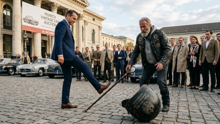 DER LUXUSHÄNDLER TRAT DEM GRAUBÄRTIGEN BIKER VOR DER MÜNCHNER OLDTIMER-AUKTION DEN GEHSTOCK WEG — DOCH ALS SEIN HELM ZU BODEN FIEL VERSTUMMTEN ALLE BIETER WEGEN DER GRAVUR DARIN.