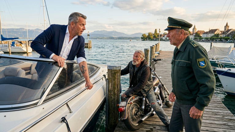 DER REICHE YACHTBESITZER RAMMTE DEN ALTEN BIKER AM BODENSEE GEGEN DEN BOOTSSTEG — DOCH ALS SEIN ÄRMEL HOCHRUTSCHTE ERKANNTE DER HAFENMEISTER DEN MANN DER VOR ZWANZIG JAHREN VERSCHWUNDEN WAR.