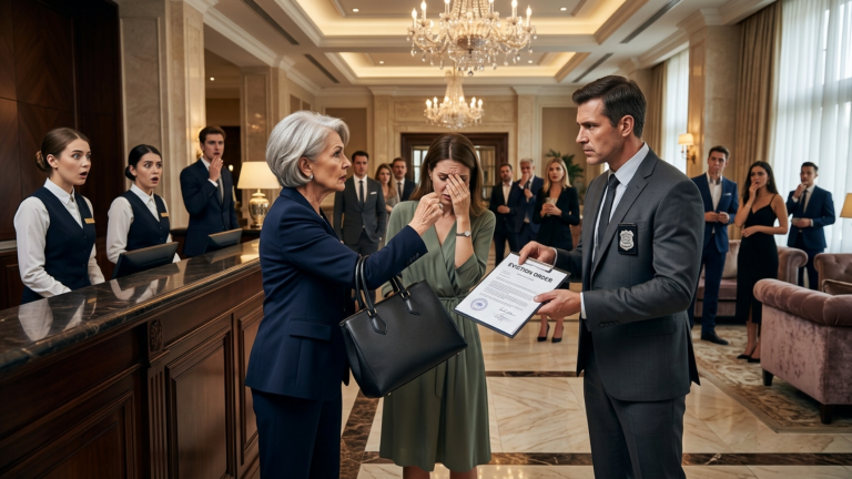 38 GÄSTE IN DER LOBBY EINES FÜNF-STERNE-HOTELS WAGTEN KEIN WORT, ALS MEINE SCHWIEGERMUTTER MICH VOR DER REZEPTION MIT IHRER HANDTASCHE SCHLUG — DENN JEDER WUSSTE, DASS SIE DIE BESITZERIN DER GESAMTEN SUITE-ETAGE WAR … BIS EIN GERICHTSVOLLZIEHER IHR DEN RÄUMUNGSBESCHLUSS FÜR GENAU DIESE ETAGE ZEIGTE.