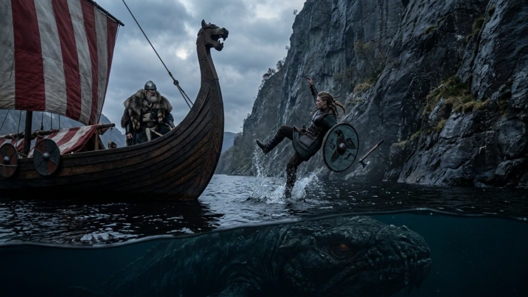 DER JARL WARF DIE VERSTOẞENE SCHILDMAID VON DER KLIPPE IN DEN SCHWARZEN FJORD — DOCH ALS SIE UNTERGING, TAUCHTE ETWAS RIESIGES UNTER DEM LANGSCHIFF AUF…