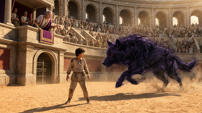 DER GIGANTISCHE SCHATTENWOLF SCHOSS DURCH DEN SAND DES KOLOSSEUMS AUF DEN JUNGEN ZU — DOCH ALS DER IMPERATOR DAS MONDZEICHEN AN SEINEM HALS SAH, ERSTARB JEDER TON IN DER ARENA…