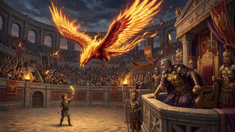 DER KOLOSSALE FEUERVOGEL STÜRZTE SICH AUS DER HÖHE DES AMPHITHEATERS HERAB — DOCH ALS DER IMPERATOR DEN GOLDENEN FEDERRING AN DER HAND DES JUNGEN ERKANNTE, STAND DIE KAISERLOGE SCHLAGARTIG AUF…
